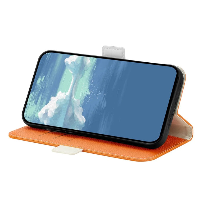 Phone Case for iPhone 15 Plus , Stand Wallet Litchi Texture Candy Color PU Leather Flip Cover - Orange - 2