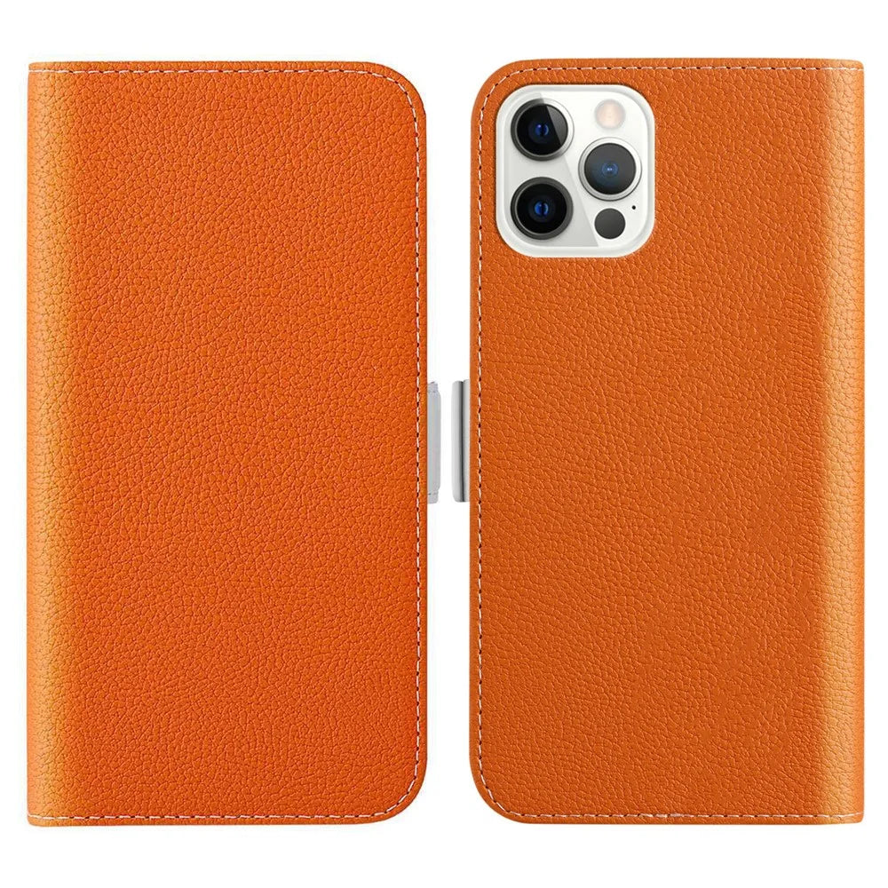 Phone Case for iPhone 15 Pro Max , Stand Wallet Litchi Texture Candy Color PU Leather Shockproof Cover - Orange - 1