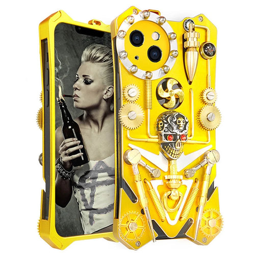 For iPhone 15 Plus Steampunk Phone Case Kickstand Metal Skull Gear Cover - Gold - 1