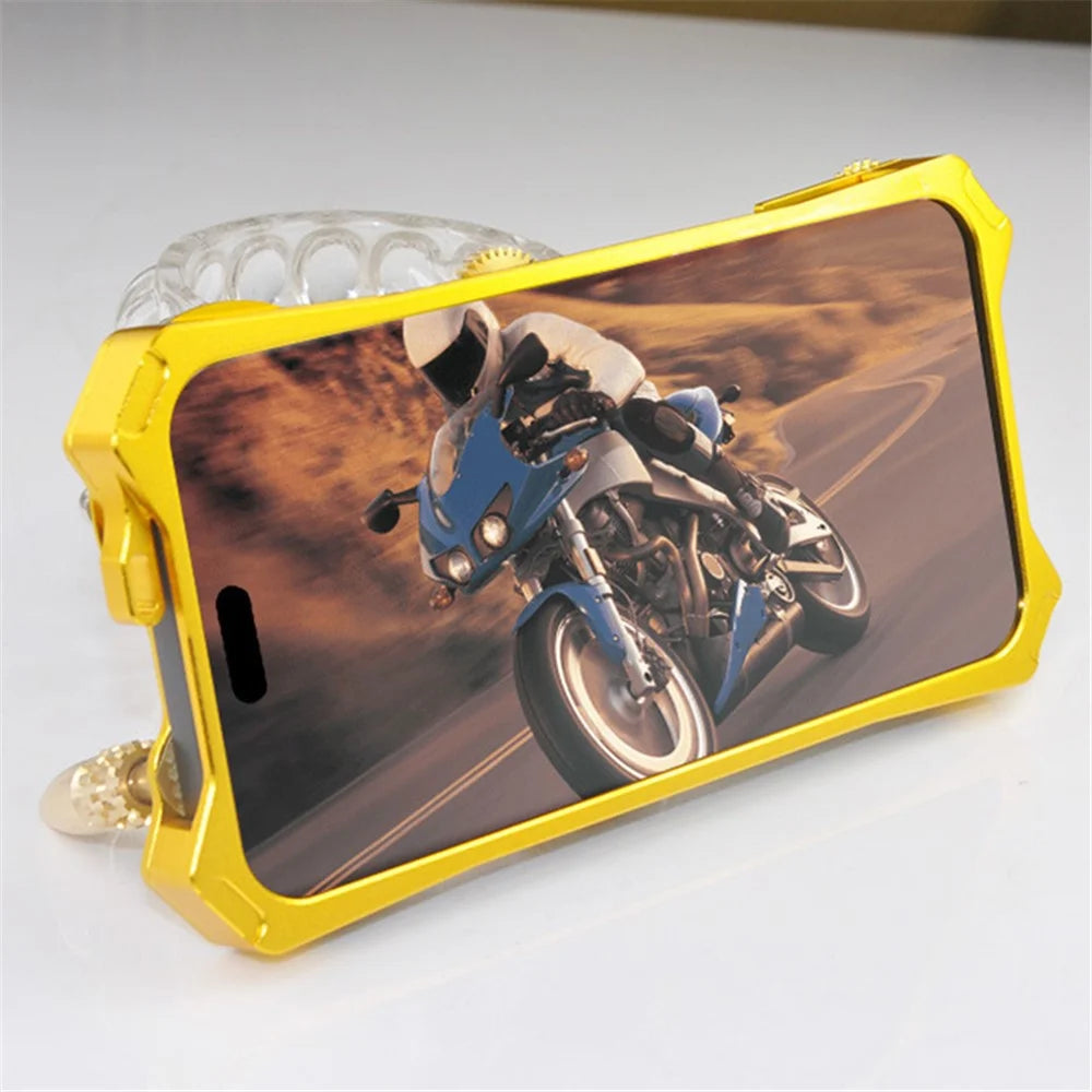 For iPhone 15 Plus Steampunk Phone Case Kickstand Metal Skull Gear Cover - Gold - 2