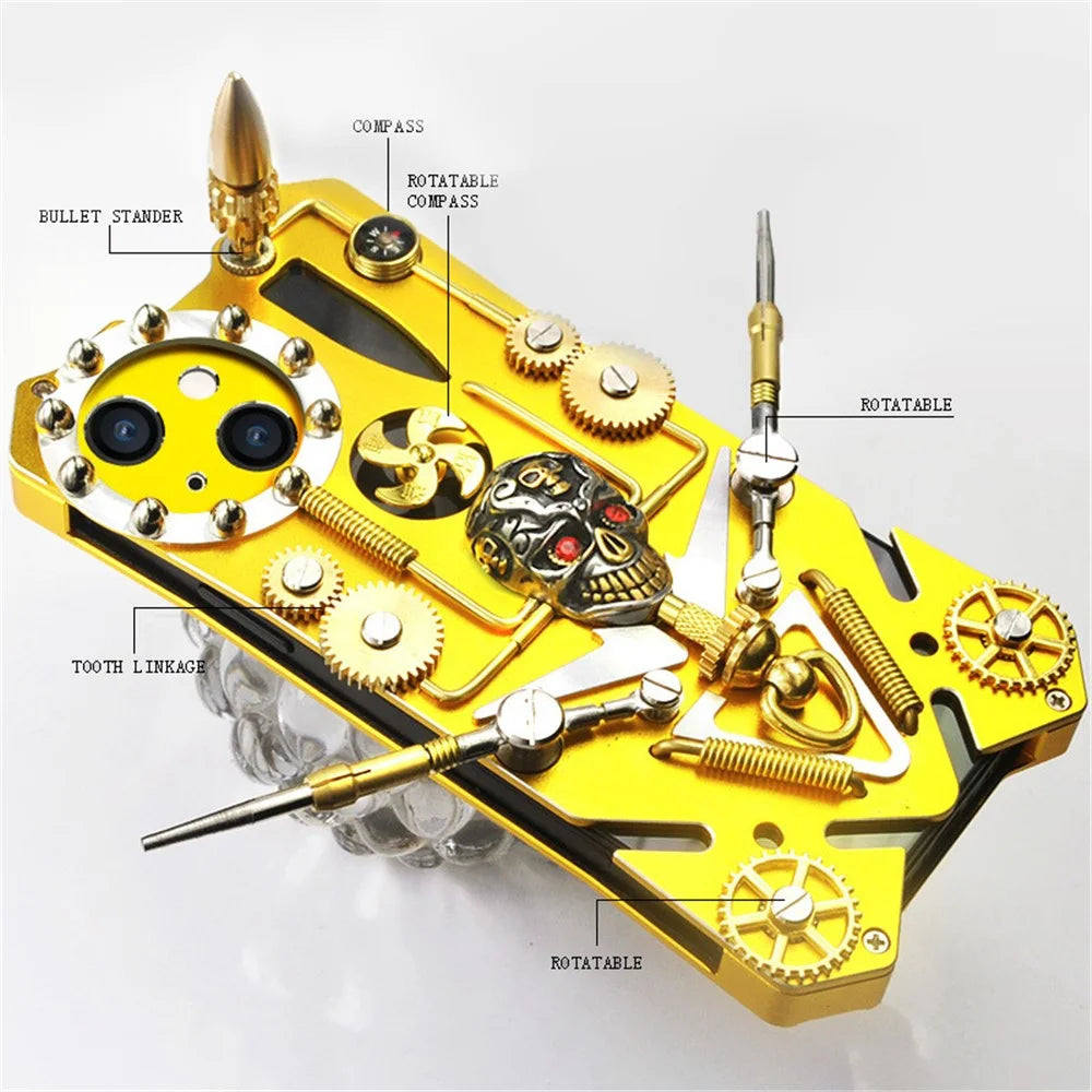 For iPhone 15 Plus Steampunk Phone Case Kickstand Metal Skull Gear Cover - Gold - 3