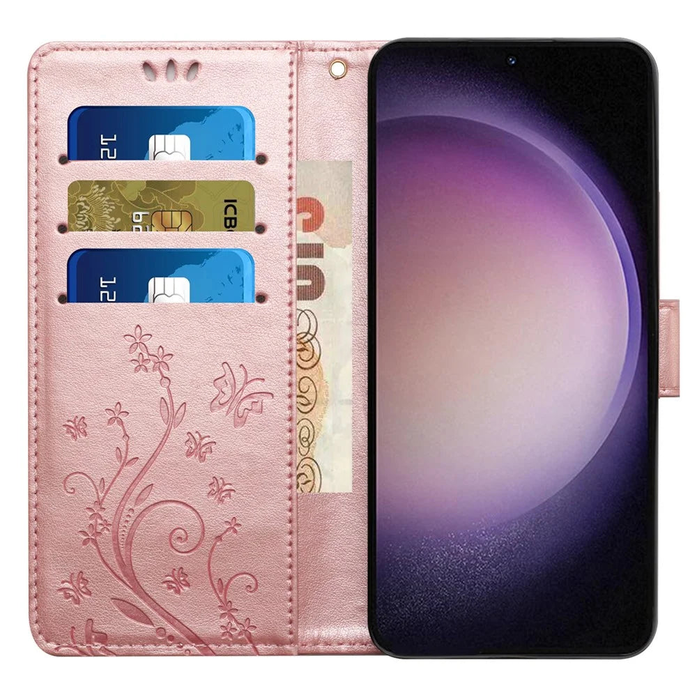 For Samsung Galaxy S23 FE Butterfly Imprint Leather Wallet Shell Anti-fall Stand Phone Case - Rose Gold - 2