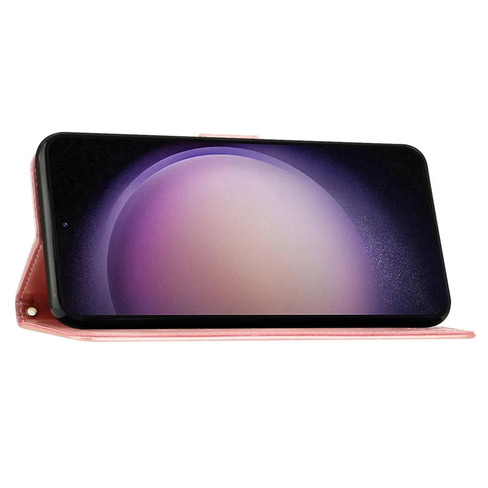 For Samsung Galaxy S23 FE Butterfly Imprint Leather Wallet Shell Anti-fall Stand Phone Case - Rose Gold - 3