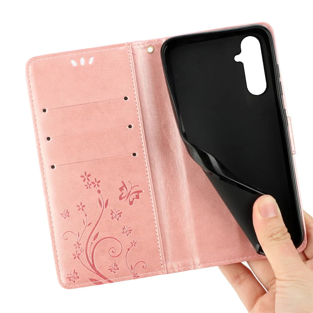 For Samsung Galaxy S23 FE Butterfly Imprint Leather Wallet Shell Anti-fall Stand Phone Case - Rose Gold - 5