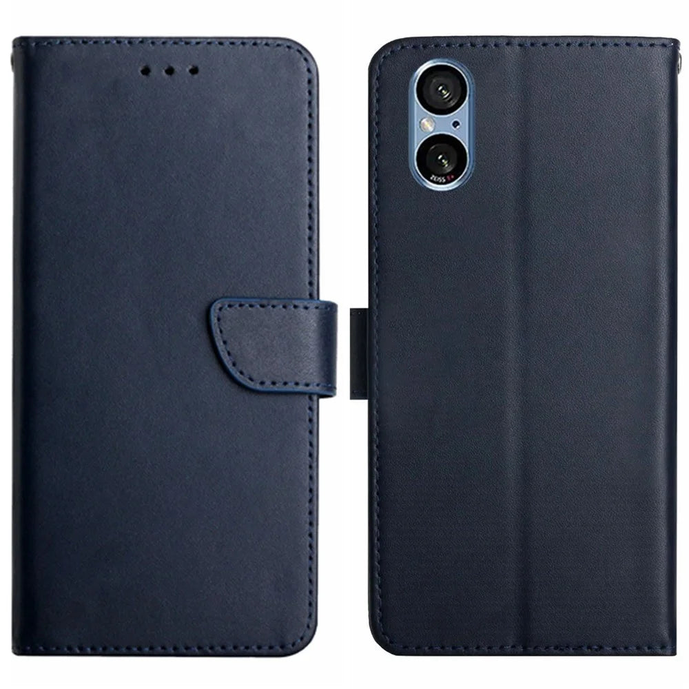 HT02 For Sony Xperia 5 V Genuine Cow Leather Phone Cover Foldable Stand Wallet Phone Case - Blue - 1