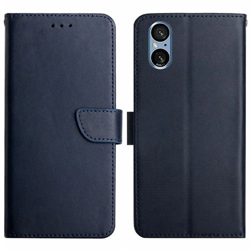 HT02 For Sony Xperia 5 V Genuine Cow Leather Phone Cover Foldable Stand Wallet Phone Case - Blue - 1