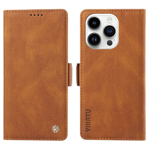 YIKATU YK-005 for iPhone 14 Pro Folio Flip Cover PU Leather Skin-touch Stand Wallet Phone Case - Brown - 1