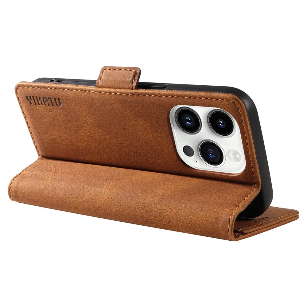 YIKATU YK-005 for iPhone 14 Pro Folio Flip Cover PU Leather Skin-touch Stand Wallet Phone Case - Brown - 4
