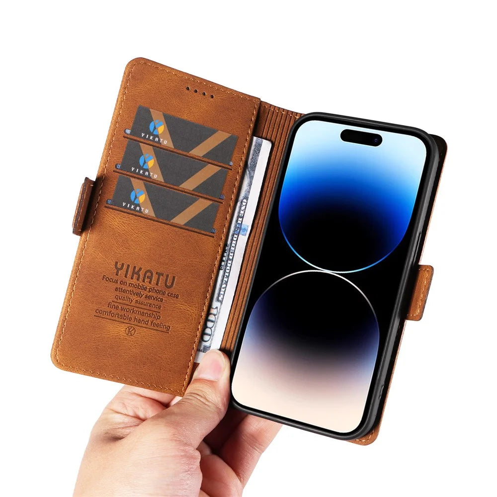 YIKATU YK-005 for iPhone 14 Pro Folio Flip Cover PU Leather Skin-touch Stand Wallet Phone Case - Brown - 6