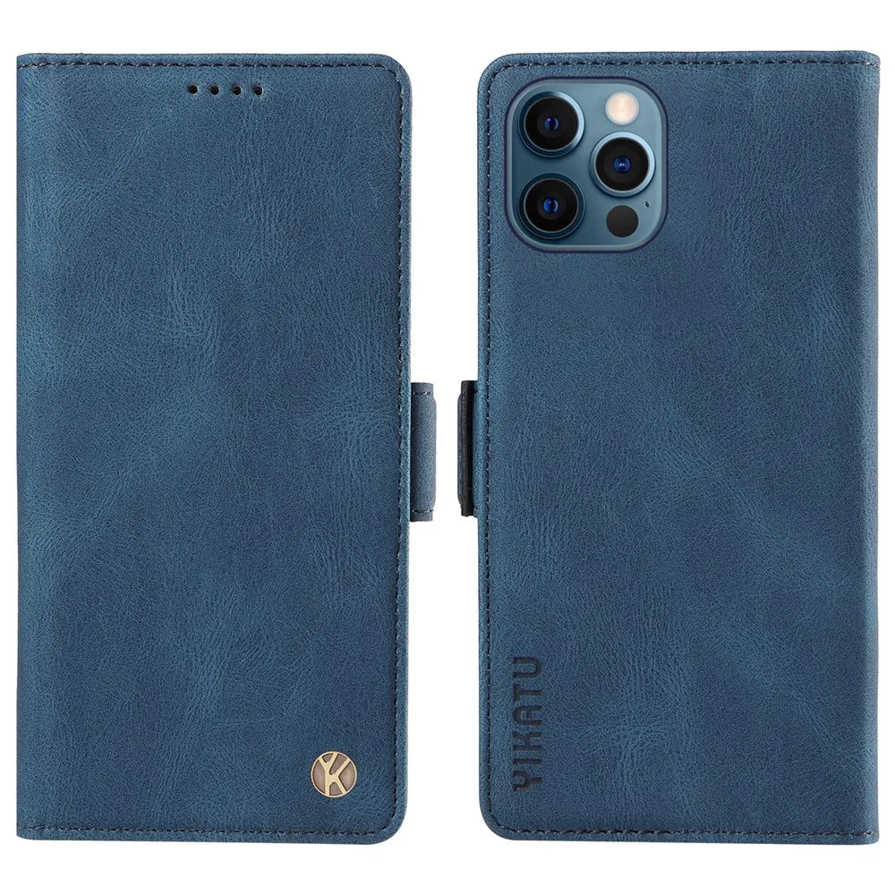 YIKATU YK-005 PU Leather Wallet Case for iPhone 12 / 12 Pro , Skin-touch Stand Magnetic Closure Phone Cover - Blue - 1