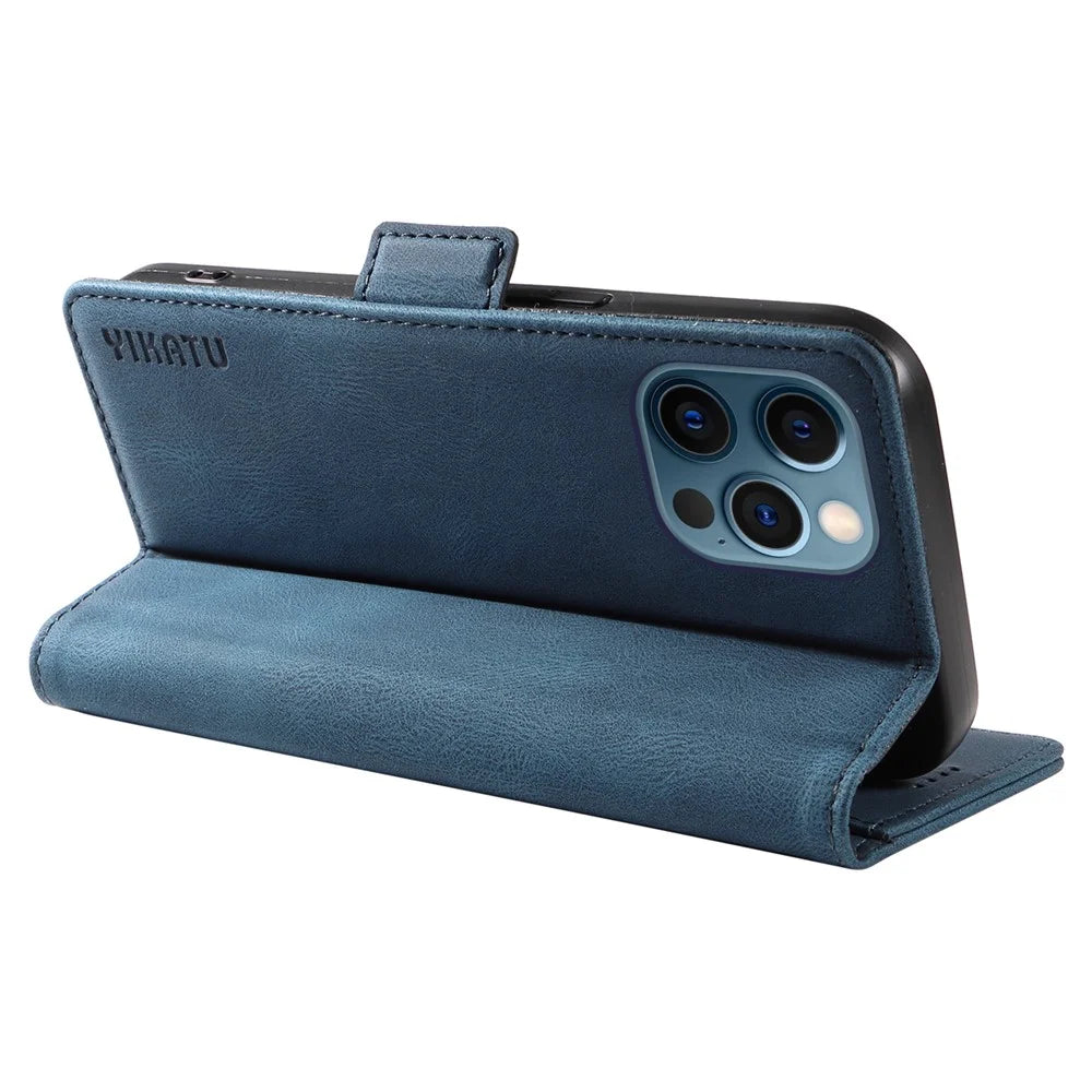 YIKATU YK-005 PU Leather Wallet Case for iPhone 12 / 12 Pro , Skin-touch Stand Magnetic Closure Phone Cover - Blue - 4