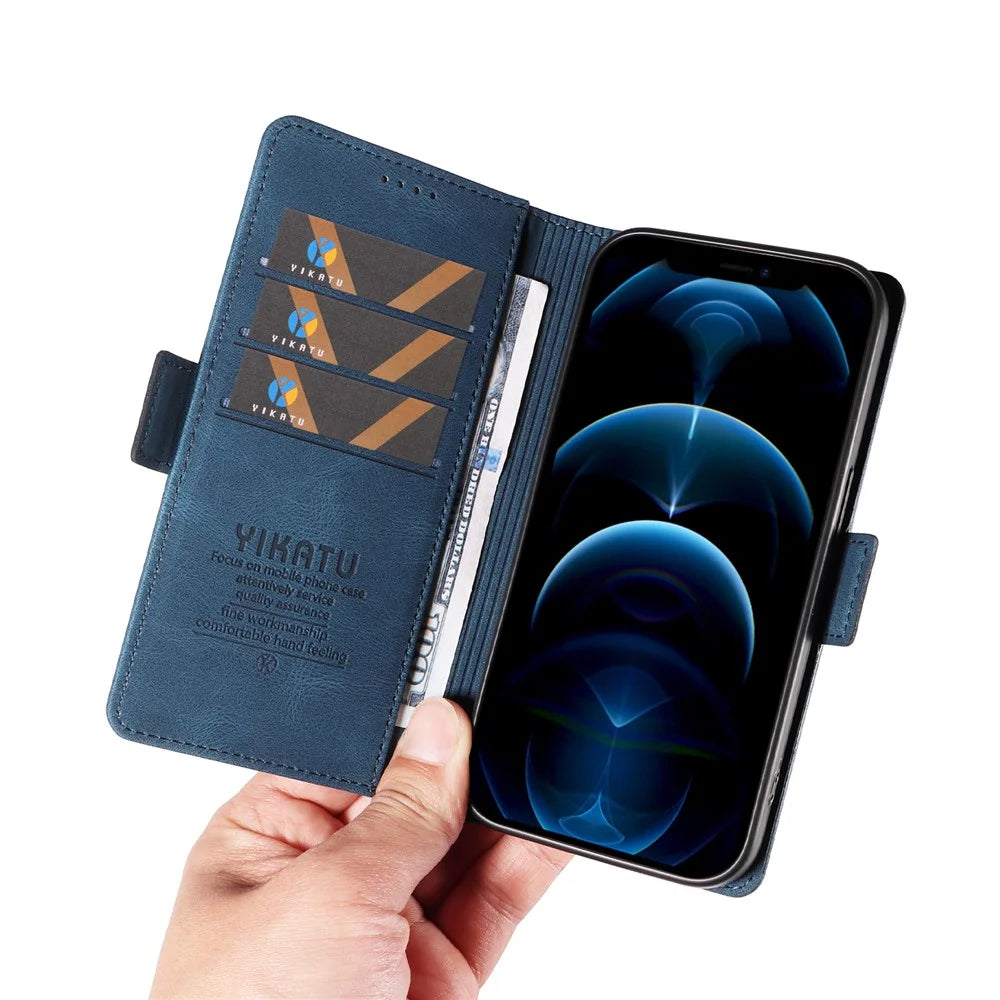 YIKATU YK-005 PU Leather Wallet Case for iPhone 12 / 12 Pro , Skin-touch Stand Magnetic Closure Phone Cover - Blue - 6