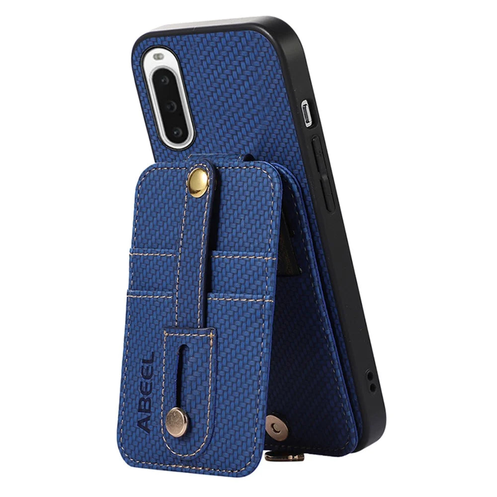 ABEEL Style 02 Carbon Fiber Texture PU+TPU Phone Case for Sony Xperia 10 V RFID Blocking Card Holder Kickstand Cover - Blue - 3