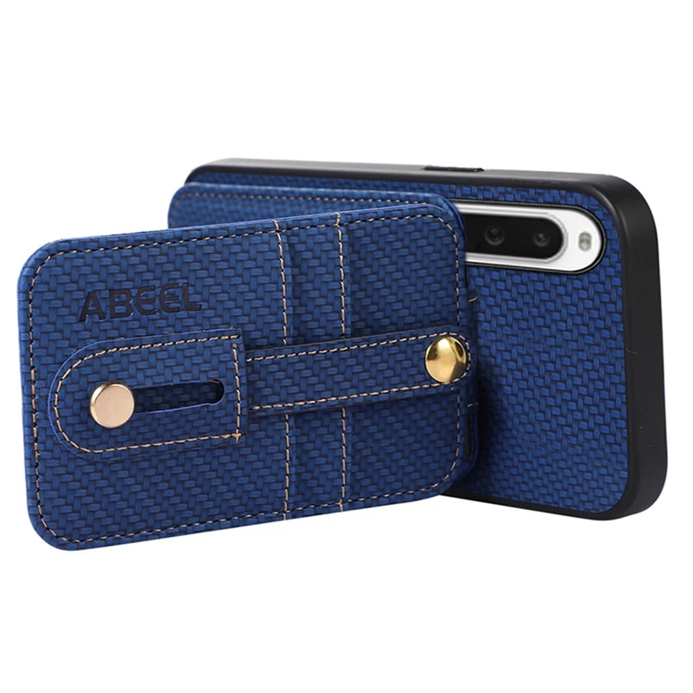 ABEEL Style 02 Carbon Fiber Texture PU+TPU Phone Case for Sony Xperia 10 V RFID Blocking Card Holder Kickstand Cover - Blue - 4