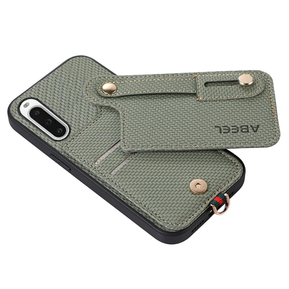 ABEEL Style 03 Kickstand Cover for Sony Xperia 10 V Carbon Fiber Texture PU+TPU RFID Blocking Card Holder Phone Case - Green - 3