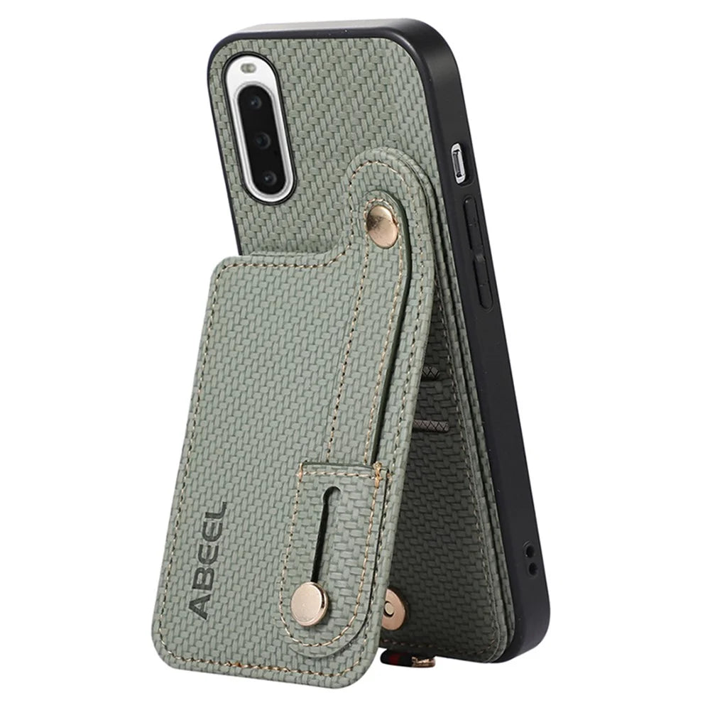 ABEEL Style 03 Kickstand Cover for Sony Xperia 10 V Carbon Fiber Texture PU+TPU RFID Blocking Card Holder Phone Case - Green - 4