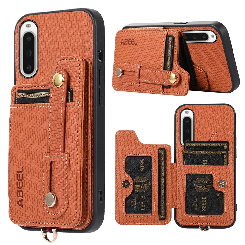 ABEEL Style 01 Kickstand Phone Case for Sony Xperia 10 V RFID Blocking Carbon Fiber Texture PU+TPU Cover with Card Holder - Brown - 1