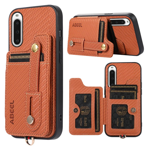 ABEEL Style 01 Kickstand Phone Case for Sony Xperia 10 V RFID Blocking Carbon Fiber Texture PU+TPU Cover with Card Holder - Brown - 1