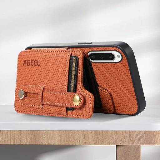 ABEEL Style 01 Kickstand Phone Case for Sony Xperia 10 V RFID Blocking Carbon Fiber Texture PU+TPU Cover with Card Holder - Brown - 2