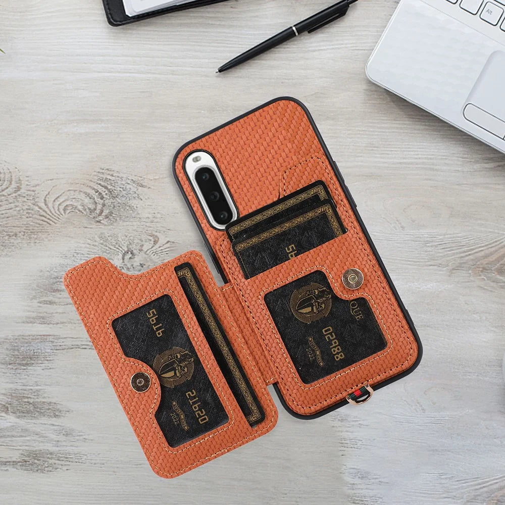 ABEEL Style 01 Kickstand Phone Case for Sony Xperia 10 V RFID Blocking Carbon Fiber Texture PU+TPU Cover with Card Holder - Brown - 3