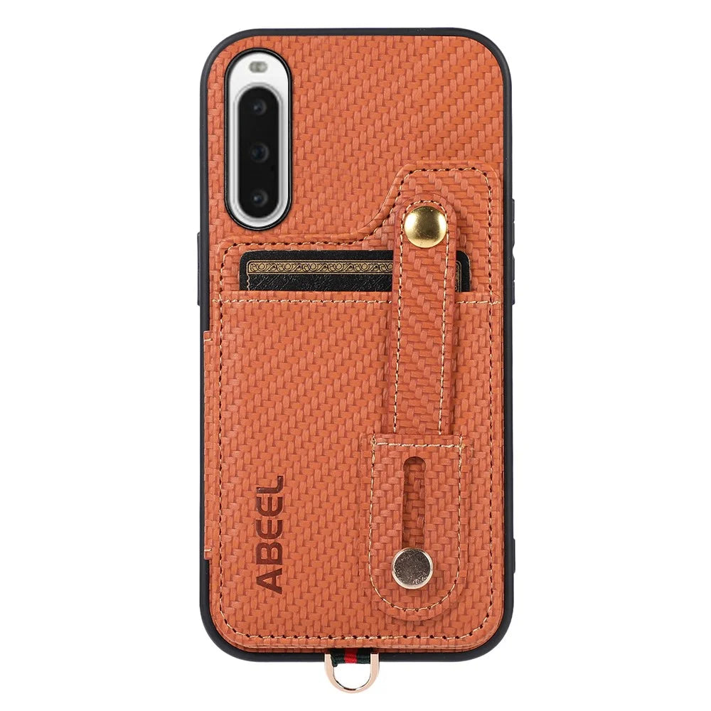 ABEEL Style 01 Kickstand Phone Case for Sony Xperia 10 V RFID Blocking Carbon Fiber Texture PU+TPU Cover with Card Holder - Brown - 4
