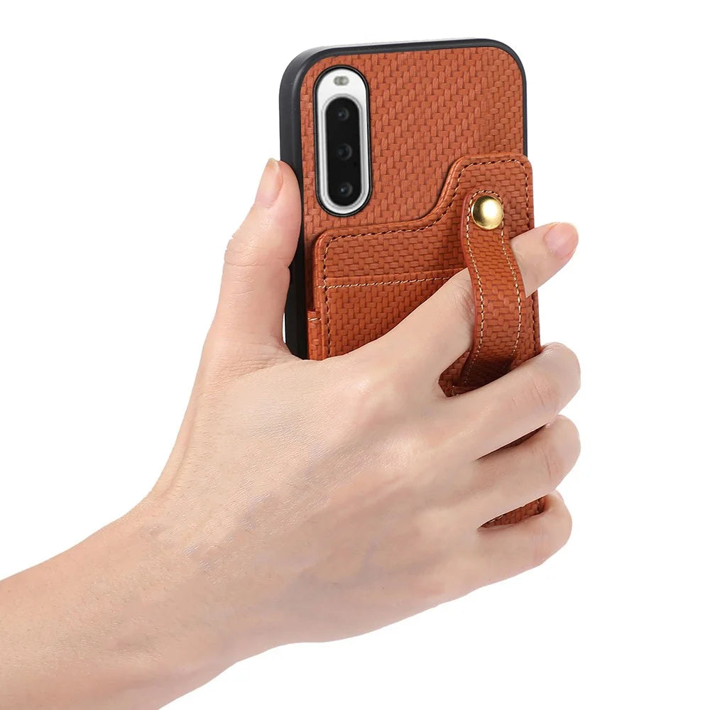 ABEEL Style 01 Kickstand Phone Case for Sony Xperia 10 V RFID Blocking Carbon Fiber Texture PU+TPU Cover with Card Holder - Brown - 5