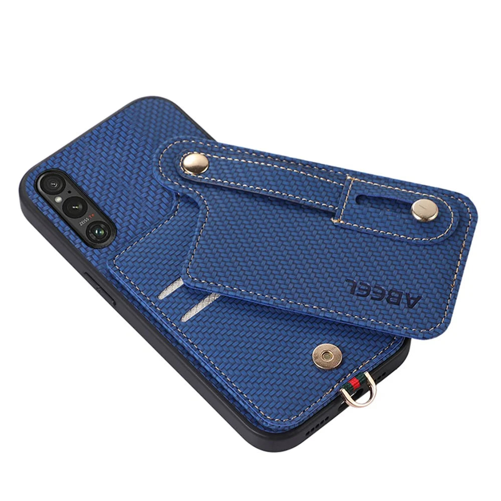 ABEEL Style 03 Carbon Fiber Texture PU+TPU Cover for Sony Xperia 1 V RFID Blocking Card Holder Kickstand Phone Case - Blue - 3
