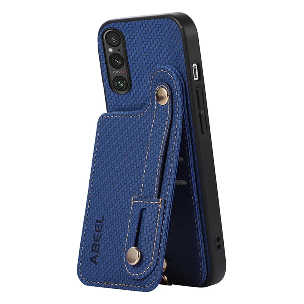 ABEEL Style 03 Carbon Fiber Texture PU+TPU Cover for Sony Xperia 1 V RFID Blocking Card Holder Kickstand Phone Case - Blue - 4