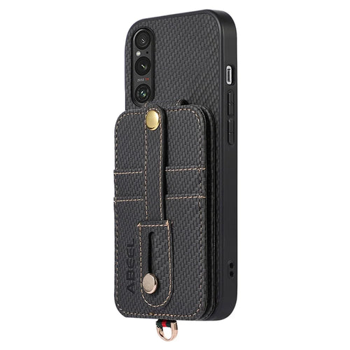 ABEEL Style 02 Kickstand Phone Case for Sony Xperia 1 V RFID Blocking Carbon Fiber Texture PU+TPU Cover with Card Holder - Black - 1