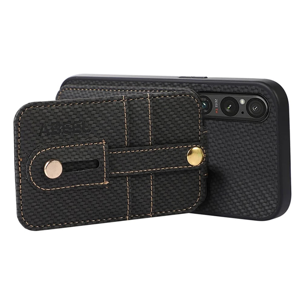 ABEEL Style 02 Kickstand Phone Case for Sony Xperia 1 V RFID Blocking Carbon Fiber Texture PU+TPU Cover with Card Holder - Black - 3