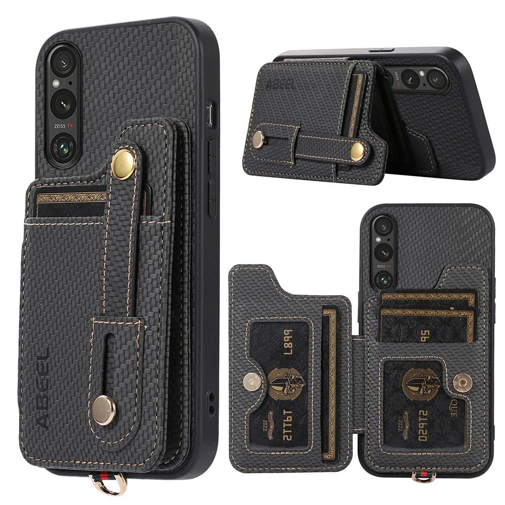 ABEEL Style 01 Horizontal Kickstand Case for Sony Xperia 1 V RFID Blocking Carbon Fiber Texture PU+TPU Phone Cover with Card Slot - Black - 1