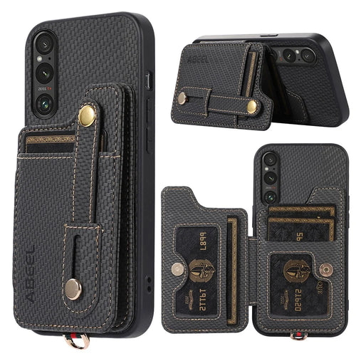 ABEEL Style 01 Horizontal Kickstand Case for Sony Xperia 1 V RFID Blocking Carbon Fiber Texture PU+TPU Phone Cover with Card Slot - Black - 1