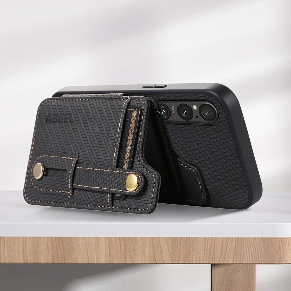 ABEEL Style 01 Horizontal Kickstand Case for Sony Xperia 1 V RFID Blocking Carbon Fiber Texture PU+TPU Phone Cover with Card Slot - Black - 2