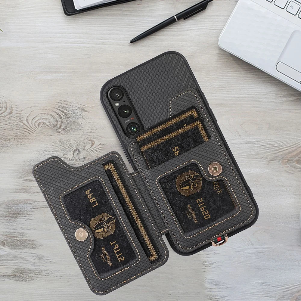 ABEEL Style 01 Horizontal Kickstand Case for Sony Xperia 1 V RFID Blocking Carbon Fiber Texture PU+TPU Phone Cover with Card Slot - Black - 3