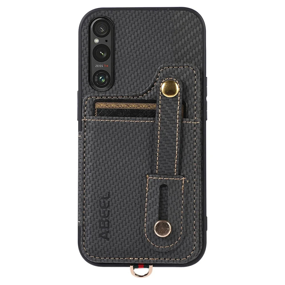 ABEEL Style 01 Horizontal Kickstand Case for Sony Xperia 1 V RFID Blocking Carbon Fiber Texture PU+TPU Phone Cover with Card Slot - Black - 4