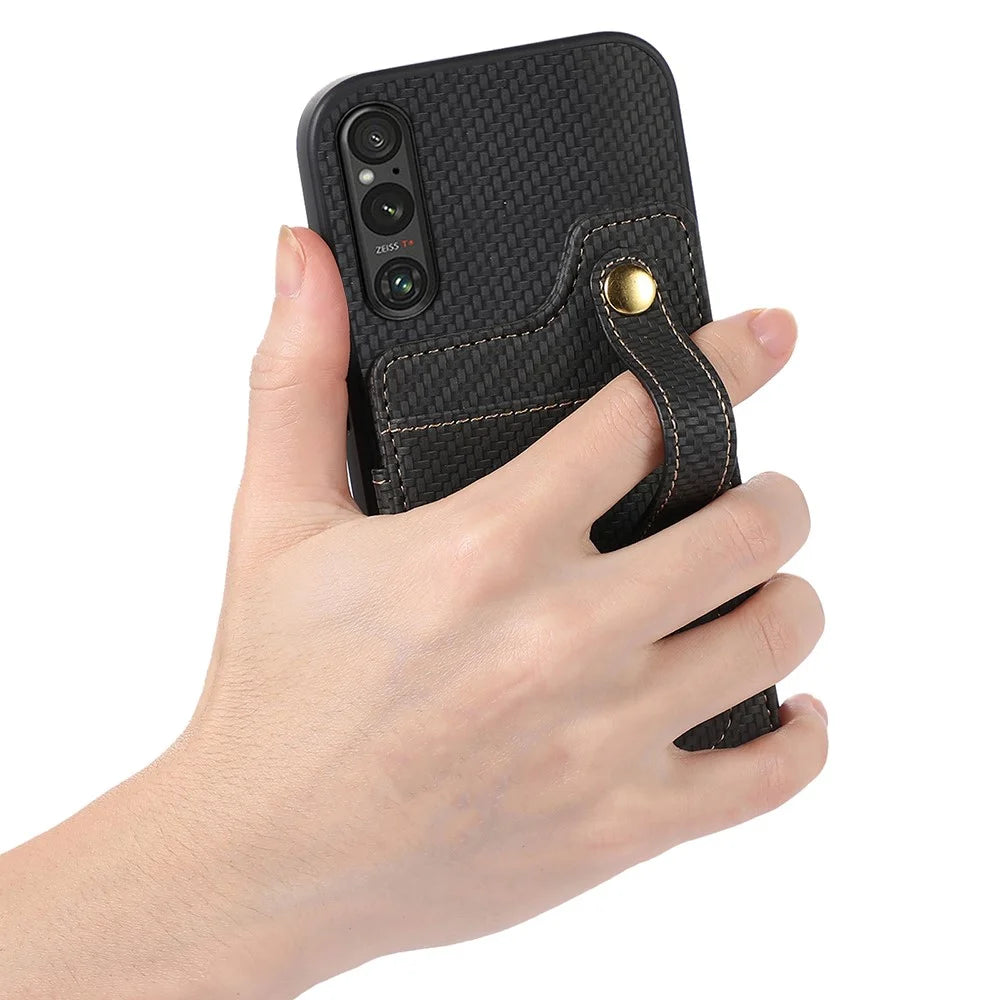 ABEEL Style 01 Horizontal Kickstand Case for Sony Xperia 1 V RFID Blocking Carbon Fiber Texture PU+TPU Phone Cover with Card Slot - Black - 5