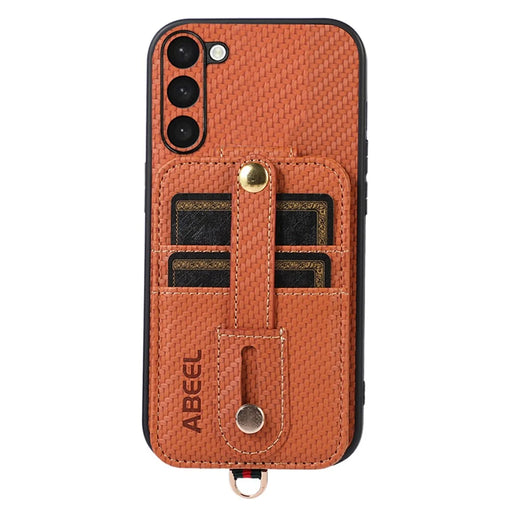 ABEEL Style 02 Carbon Fiber Texture PU+TPU Phone Case for Samsung Galaxy S23 RFID Blocking Card Holder Kickstand Cover - Brown - 1