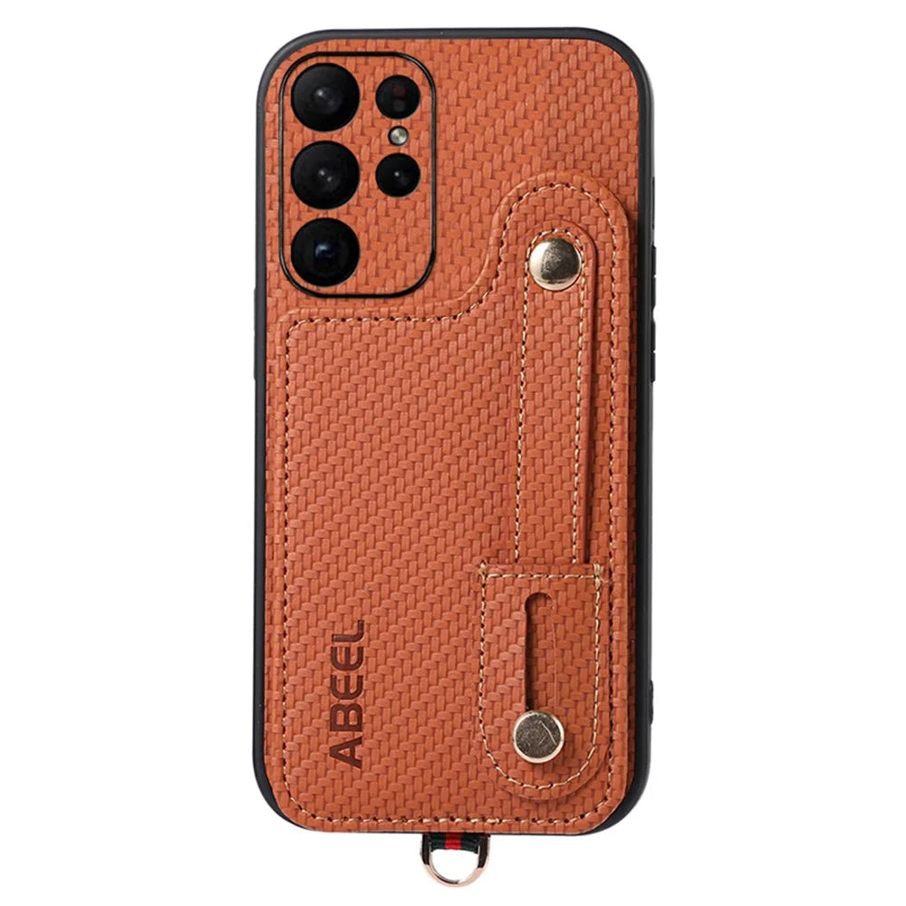 ABEEL Style 03 Carbon Fiber Texture PU+TPU Kickstand Cover for Samsung Galaxy S23 Ultra RFID Blocking Card Slot Phone Case - Brown - 1