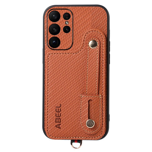 ABEEL Style 03 Carbon Fiber Texture PU+TPU Kickstand Cover for Samsung Galaxy S23 Ultra RFID Blocking Card Slot Phone Case - Brown - 1