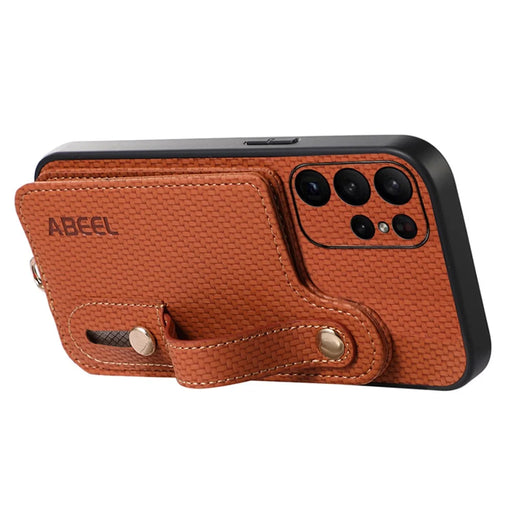 ABEEL Style 03 Carbon Fiber Texture PU+TPU Kickstand Cover for Samsung Galaxy S23 Ultra RFID Blocking Card Slot Phone Case - Brown - 2