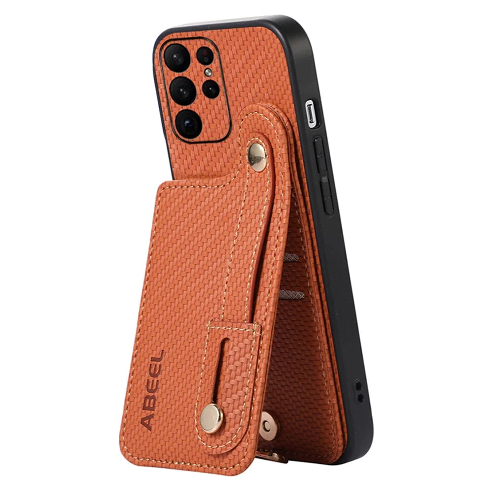 ABEEL Style 03 Carbon Fiber Texture PU+TPU Kickstand Cover for Samsung Galaxy S23 Ultra RFID Blocking Card Slot Phone Case - Brown - 3