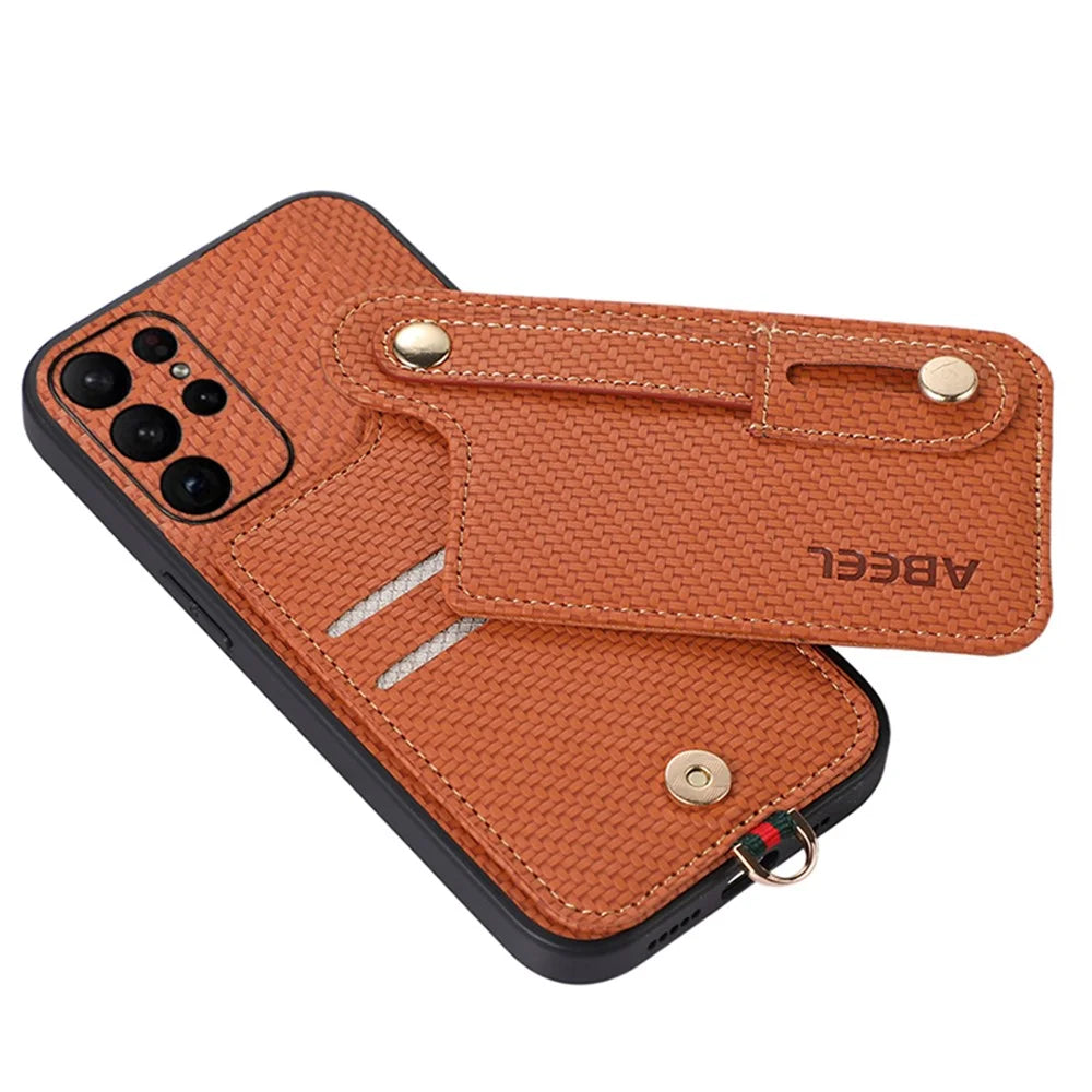 ABEEL Style 03 Carbon Fiber Texture PU+TPU Kickstand Cover for Samsung Galaxy S23 Ultra RFID Blocking Card Slot Phone Case - Brown - 4