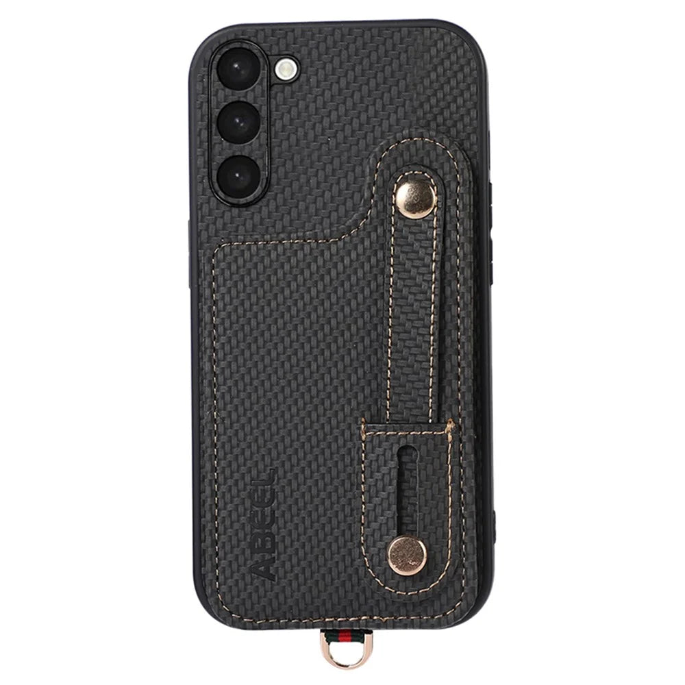 ABEEL Style 03 For Samsung Galaxy S23 Carbon Fiber Texture PU+TPU Phone Cover RFID Blocking Card Slot Kickstand Case - Black - 1