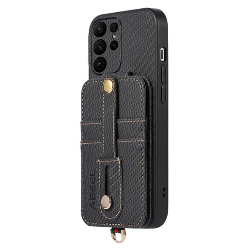 ABEEL Style 02 For Samsung Galaxy S23 Ultra Kickstand Case RFID Blocking Card Slot Carbon Fiber Texture PU+TPU Phone Cover - Black - 1