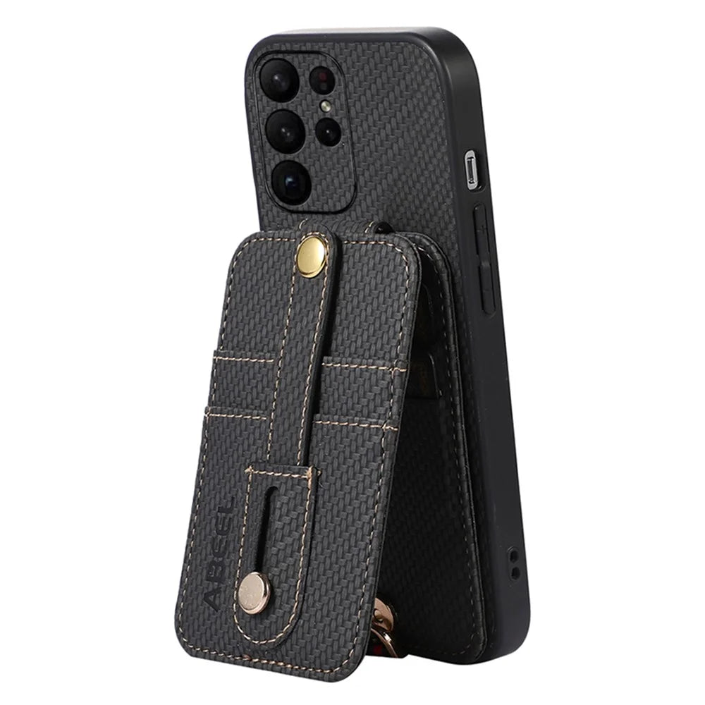 ABEEL Style 02 For Samsung Galaxy S23 Ultra Kickstand Case RFID Blocking Card Slot Carbon Fiber Texture PU+TPU Phone Cover - Black - 3