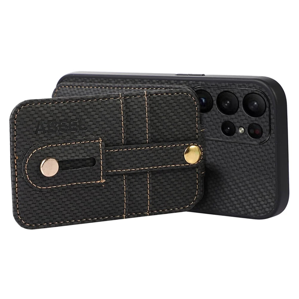 ABEEL Style 02 For Samsung Galaxy S23 Ultra Kickstand Case RFID Blocking Card Slot Carbon Fiber Texture PU+TPU Phone Cover - Black - 4