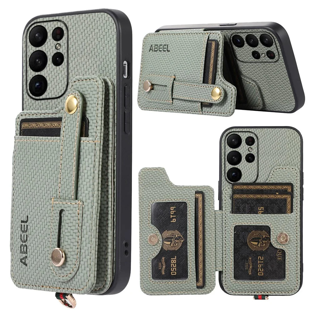 ABEEL Style 01 Horizontal Kickstand Phone Cover for Samsung Galaxy S23 Ultra RFID Blocking Anti-Drop Carbon Fiber Texture PU+TPU Case - Green - 1