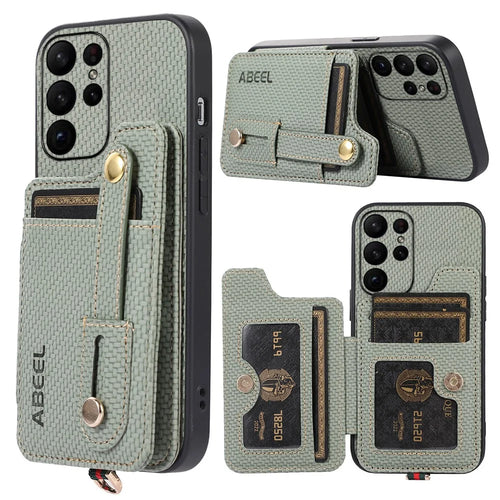 ABEEL Style 01 Horizontal Kickstand Phone Cover for Samsung Galaxy S23 Ultra RFID Blocking Anti-Drop Carbon Fiber Texture PU+TPU Case - Green - 1