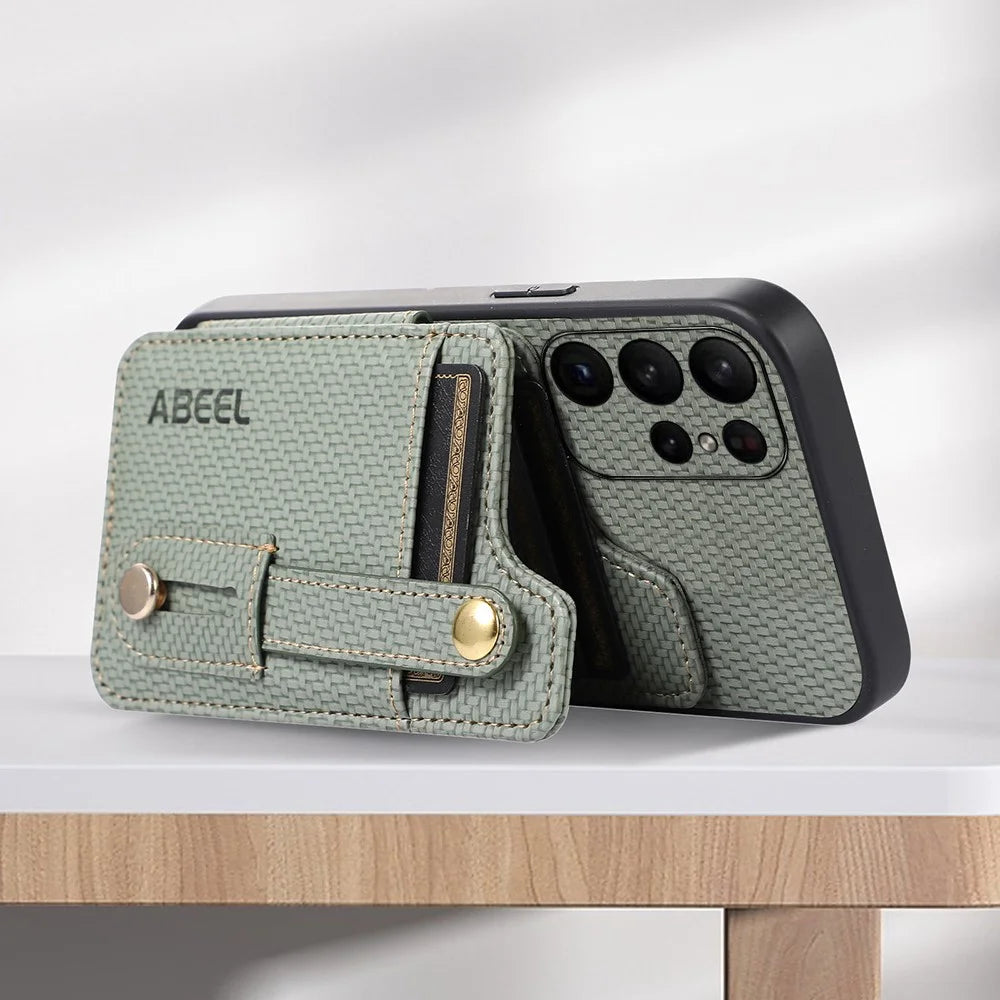 ABEEL Style 01 Horizontal Kickstand Phone Cover for Samsung Galaxy S23 Ultra RFID Blocking Anti-Drop Carbon Fiber Texture PU+TPU Case - Green - 2