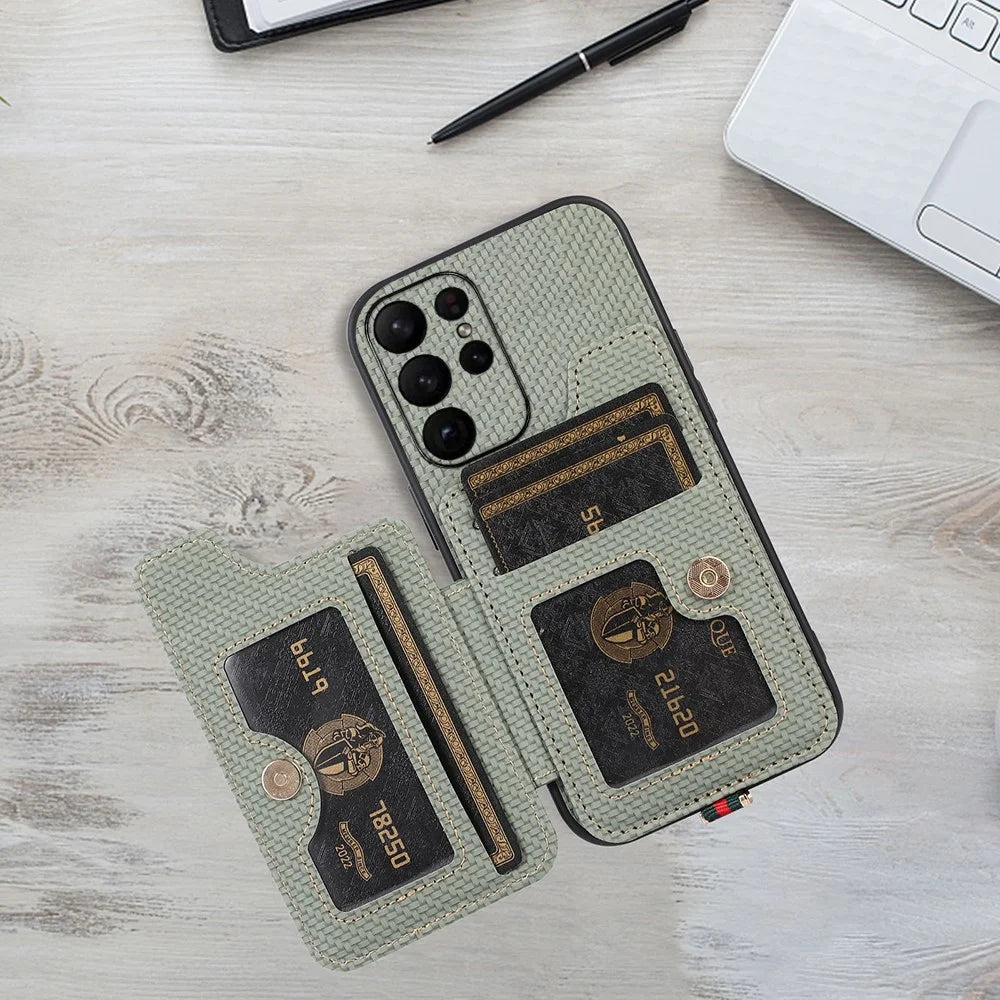 ABEEL Style 01 Horizontal Kickstand Phone Cover for Samsung Galaxy S23 Ultra RFID Blocking Anti-Drop Carbon Fiber Texture PU+TPU Case - Green - 3